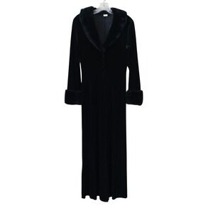 Vintage Black Velvet Maxi Robe Faux Fur Trim Collar Cuffs Button Front Longline